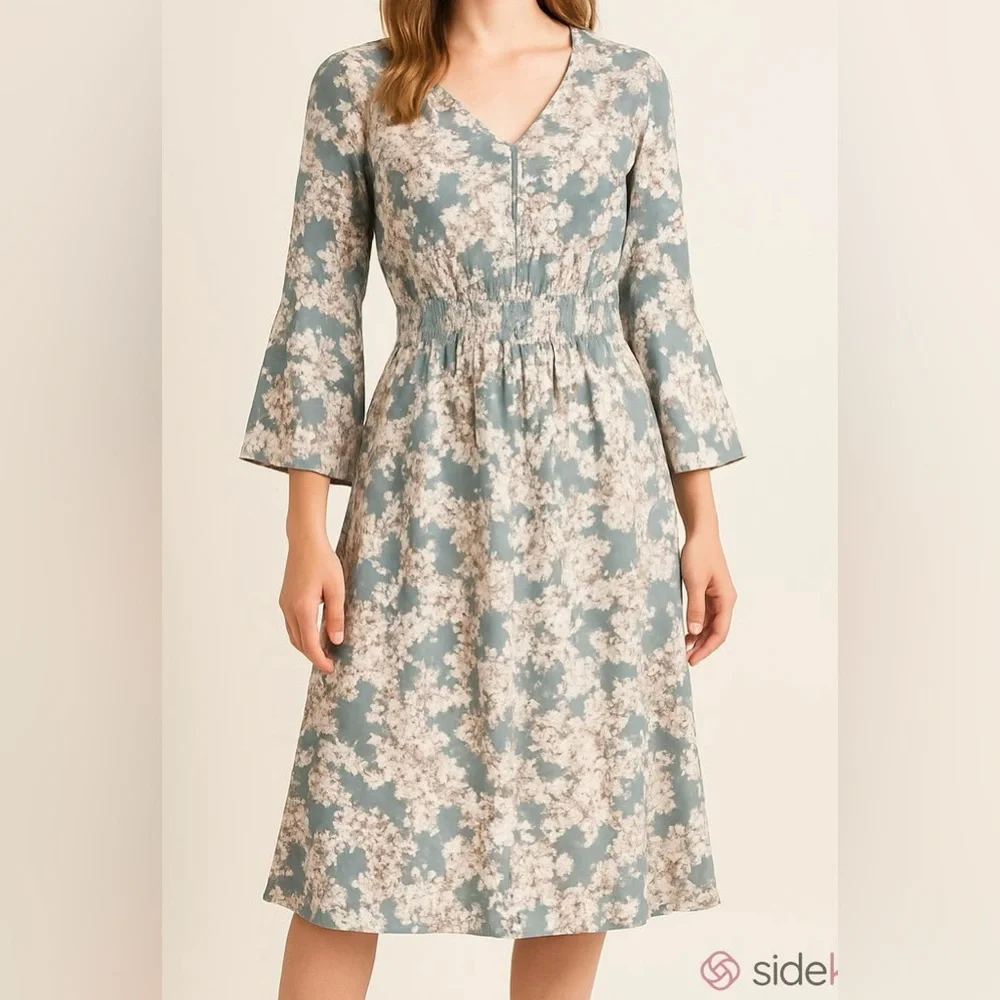J Glee Floral Grey Teal Cream SZ S Cottagecore Boho Chic Romantic Peasant Dress - Picture 1 of 10